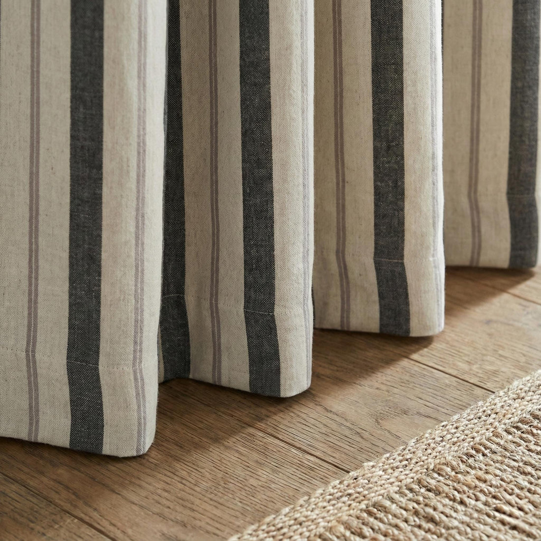 Farmhouse Linen Curtains: Organic Flax with Charcoal & Taupe Stripes — image 1