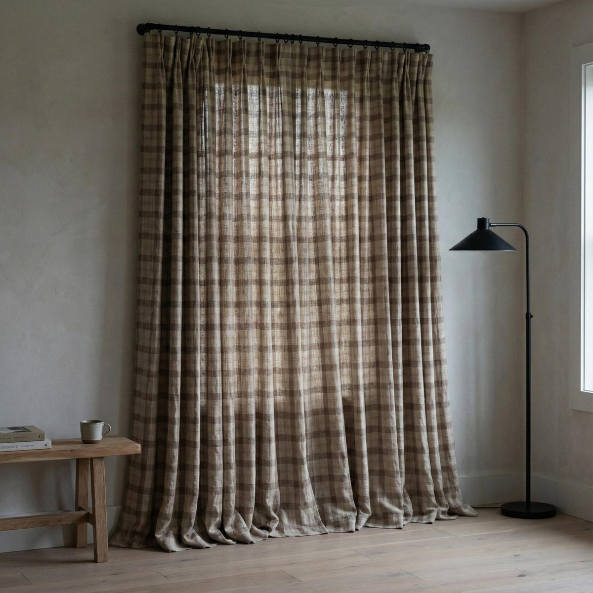 Organic Linen Curtains - Taupe Windowpane Check with Liner Options — image 10
