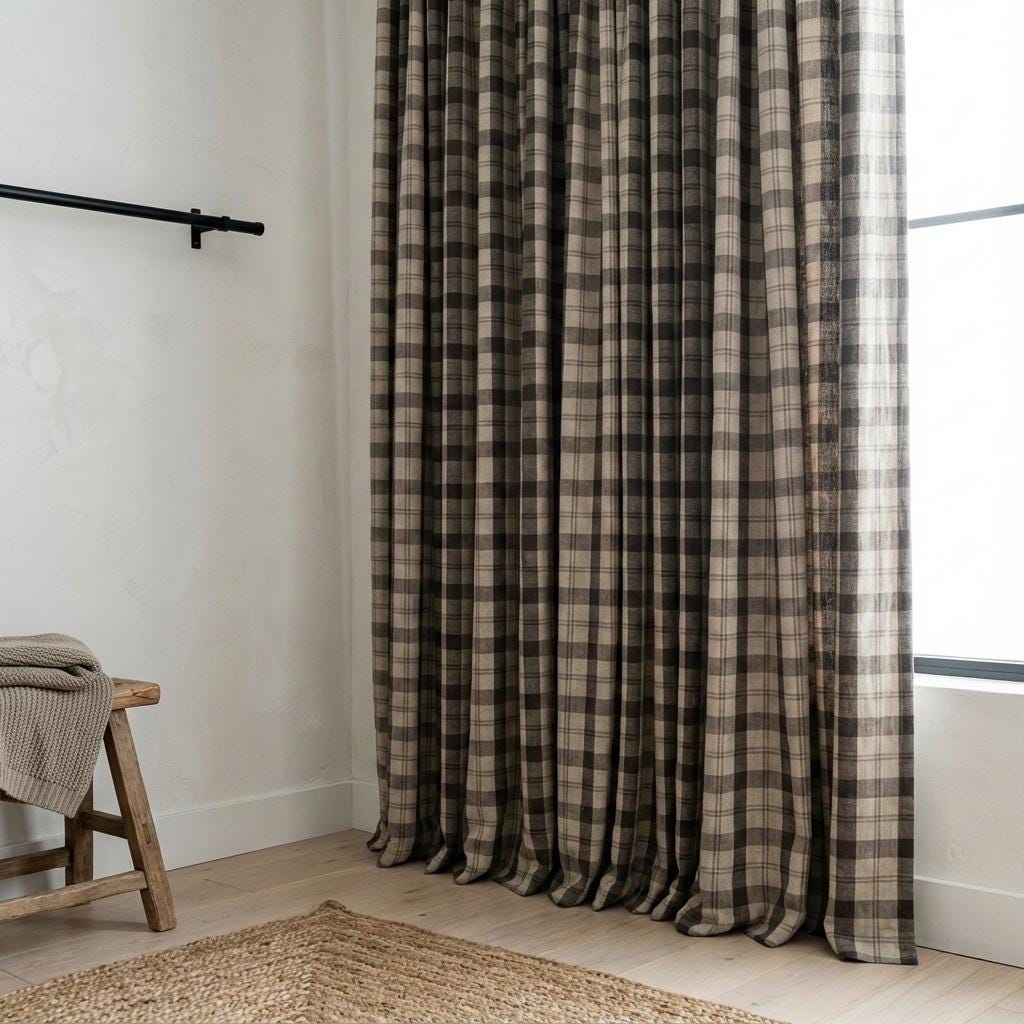 Organic Linen Curtains: Farmhouse Plaid - Oatmeal, Taupe & Mocha — image 9