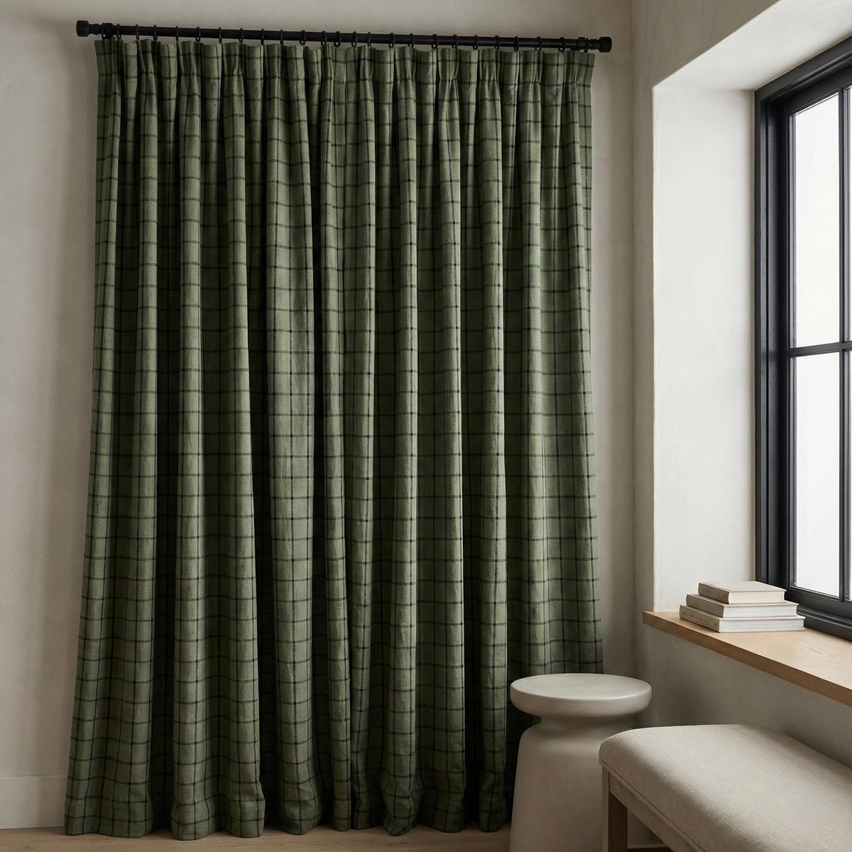 Organic Linen Curtains: Sage Green Windowpane Check (Blackout or Light Filtering) — image 5