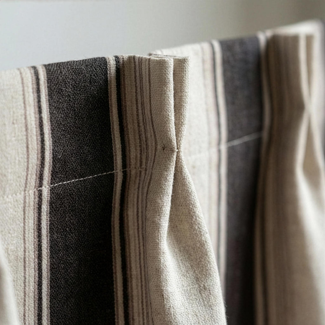Farmhouse Stripe Pinch Pleat Linen Curtains | Charcoal & Beige Wide Stripe Drapes | Custom Sizes | Cotton or 100% Blackout Liner — image 1