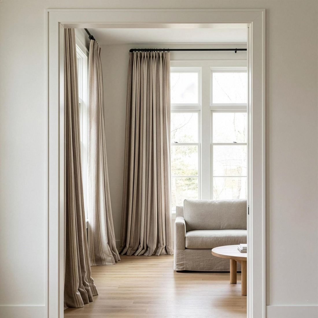 Farmhouse Stripe Pinch Pleat Linen Curtains | Mocha Taupe & Beige Wide Stripe Drapes | Custom Sizes | Cotton or 100% Blackout Liner — image 1