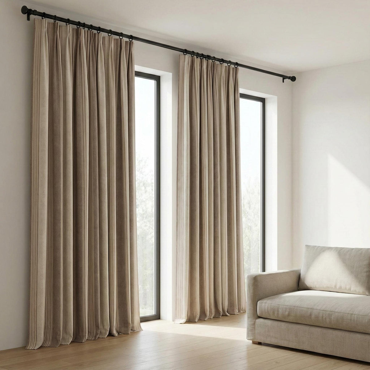 Farmhouse Stripe Pinch Pleat Linen Curtains | Mocha Taupe & Beige Wide Stripe Drapes | Custom Sizes | Cotton or 100% Blackout Liner — image 4