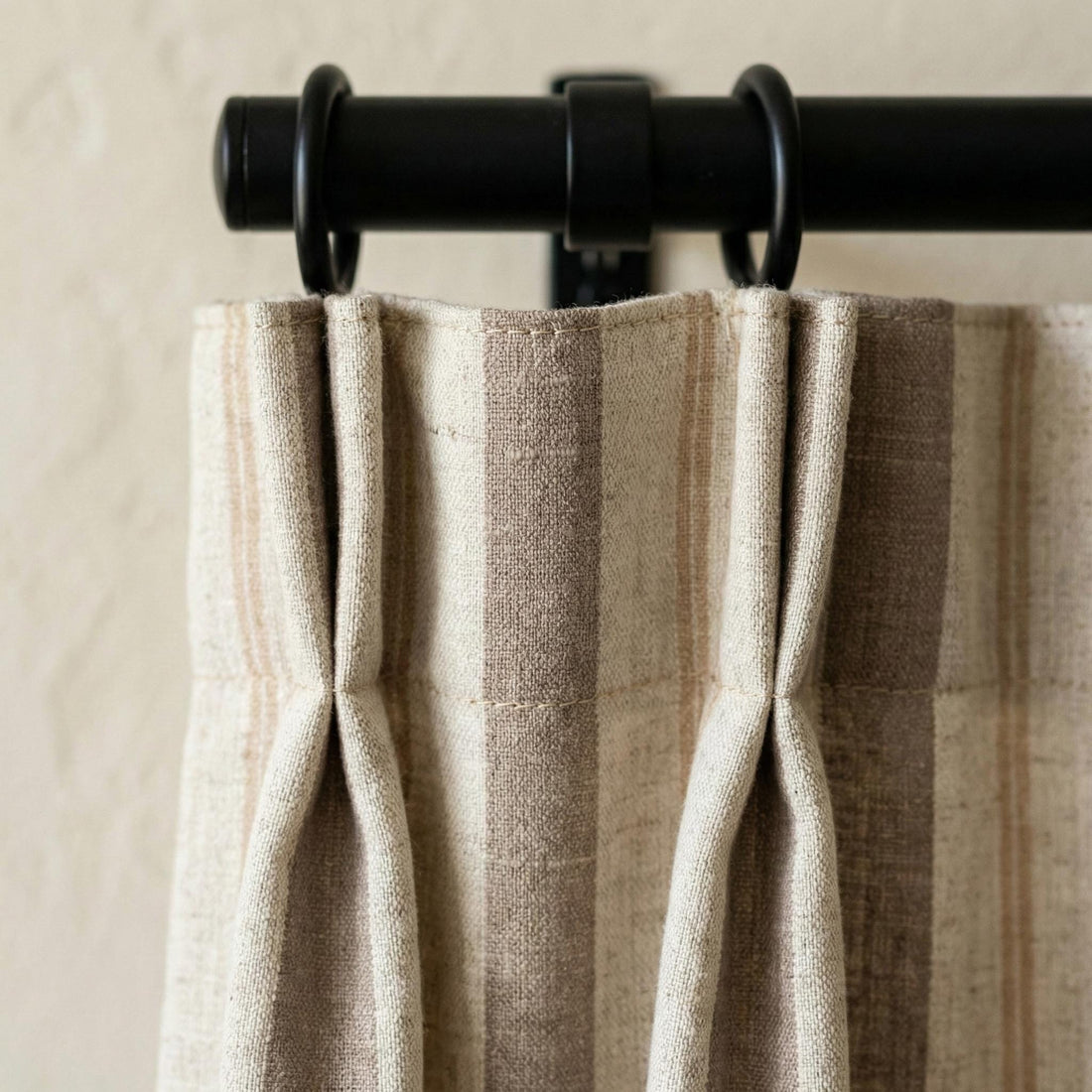 Pure Linen Pinch Pleat Curtains, Taupe & Beige Farmhouse Stripe Drapes, Custom Sizes, Blackout or Cotton Lined, Single or Pair — image 1