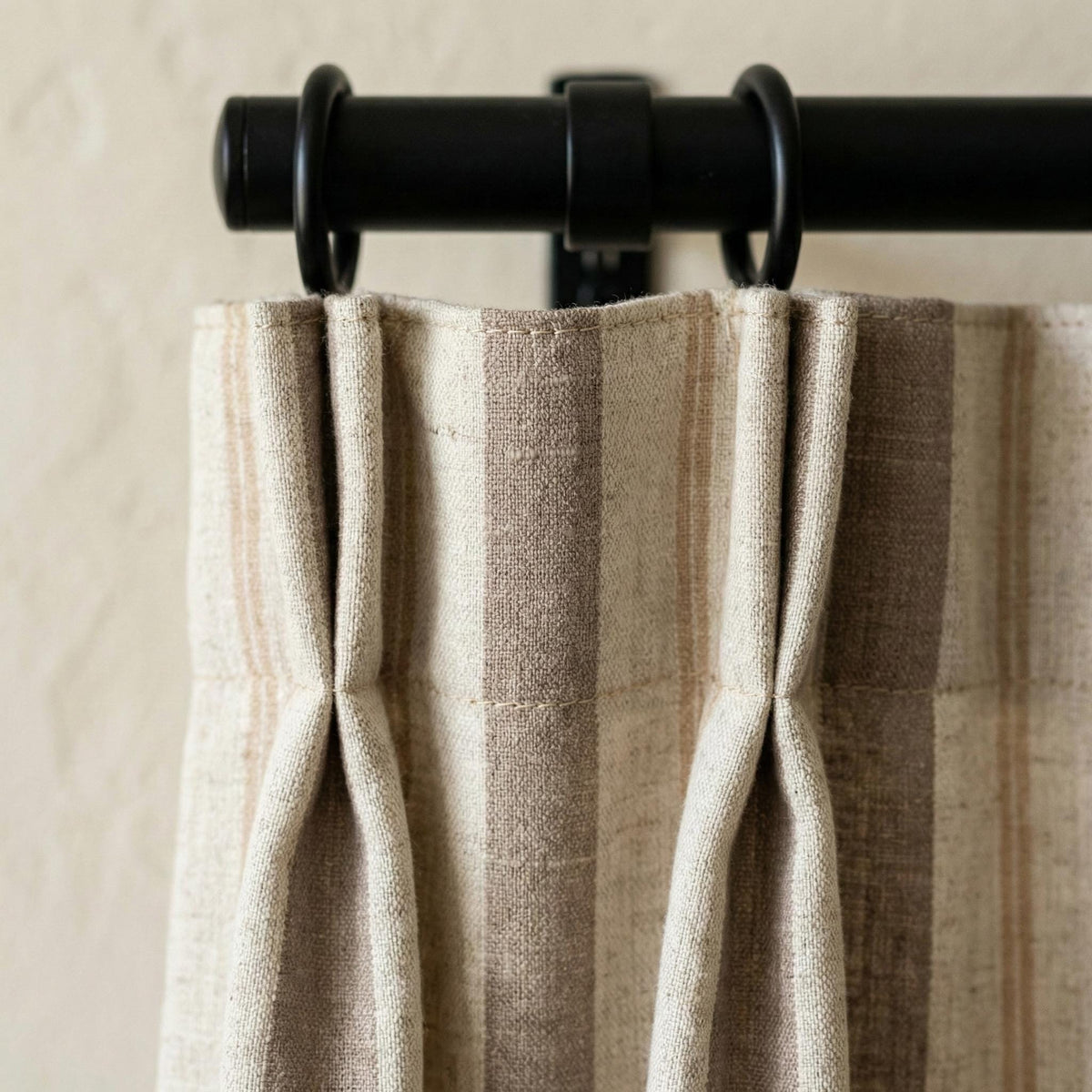 Pure Linen Pinch Pleat Curtains, Taupe & Beige Farmhouse Stripe Drapes, Custom Sizes, Blackout or Cotton Lined, Single or Pair — image 1