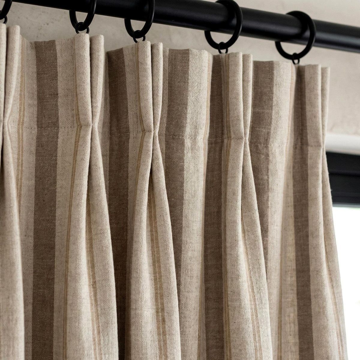 Pure Linen Pinch Pleat Curtains, Taupe & Beige Farmhouse Stripe Drapes, Custom Sizes, Blackout or Cotton Lined, Single or Pair — image 2