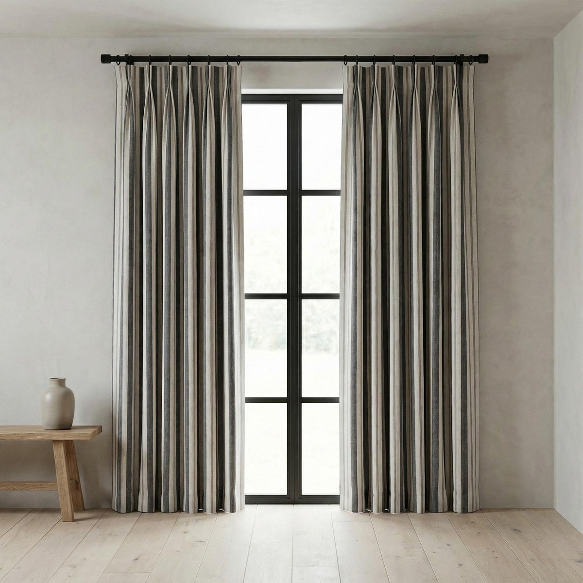 Pure Linen Pinch Pleat Curtains, Charcoal Grey & Natural Farmhouse Stripe Drapes, Custom Sizes, Blackout or Cotton Lined, Single or Pair — image 8