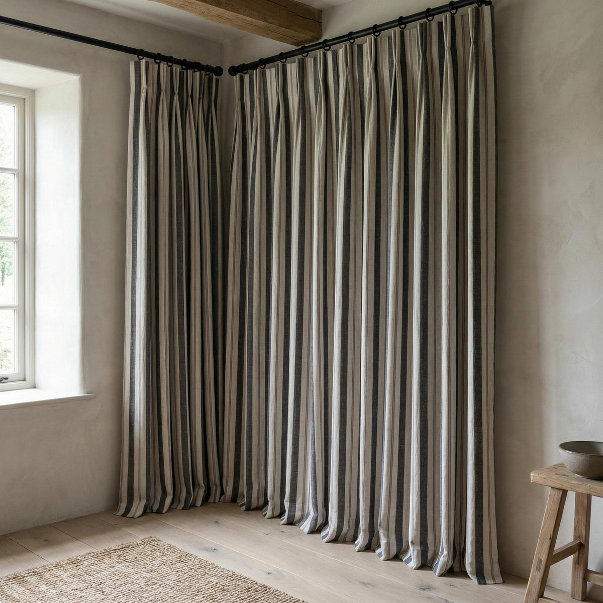 Pure Linen Pinch Pleat Curtains, Charcoal Grey & Natural Farmhouse Stripe Drapes, Custom Sizes, Blackout or Cotton Lined, Single or Pair — image 6