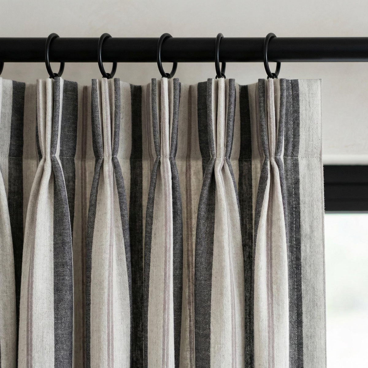 Pure Linen Pinch Pleat Curtains, Charcoal Grey & Natural Farmhouse Stripe Drapes, Custom Sizes, Blackout or Cotton Lined, Single or Pair — image 7