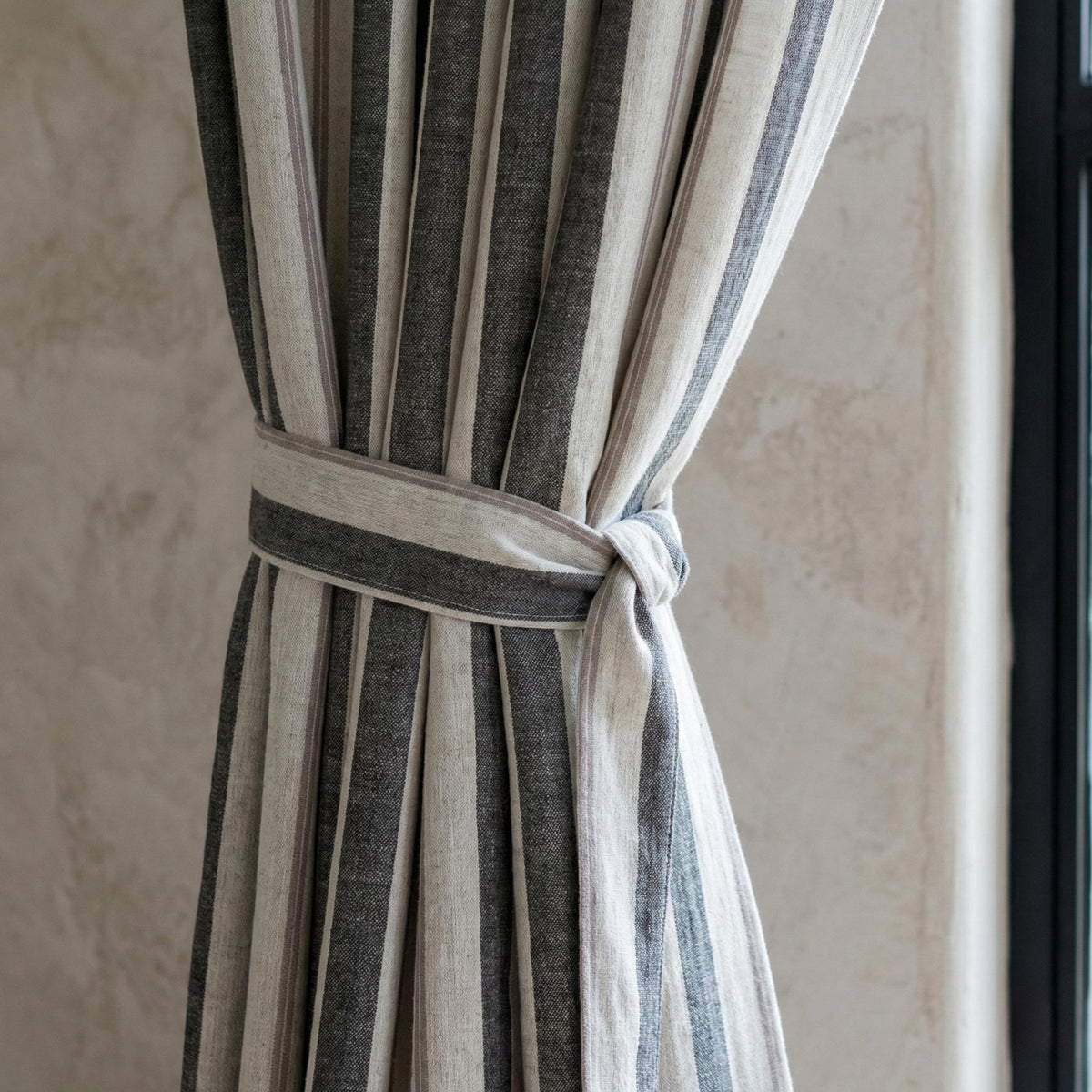 Pure Linen Pinch Pleat Curtains, Charcoal Grey & Natural Farmhouse Stripe Drapes, Custom Sizes, Blackout or Cotton Lined, Single or Pair — image 4