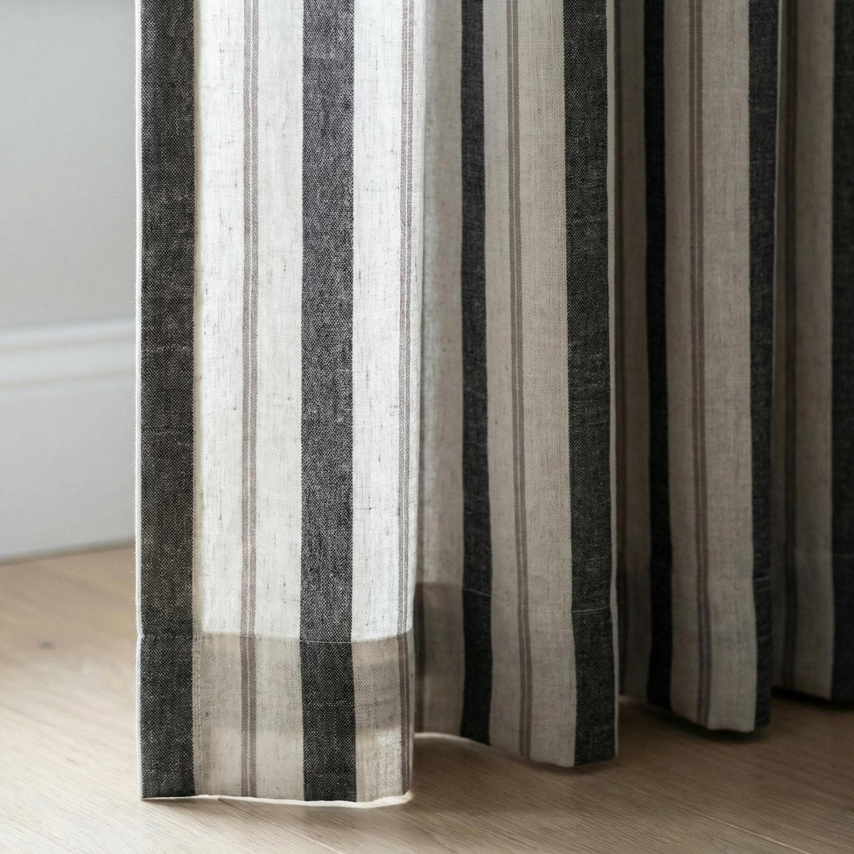 Pure Linen Pinch Pleat Curtains, Charcoal Grey & Natural Farmhouse Stripe Drapes, Custom Sizes, Blackout or Cotton Lined, Single or Pair — image 9