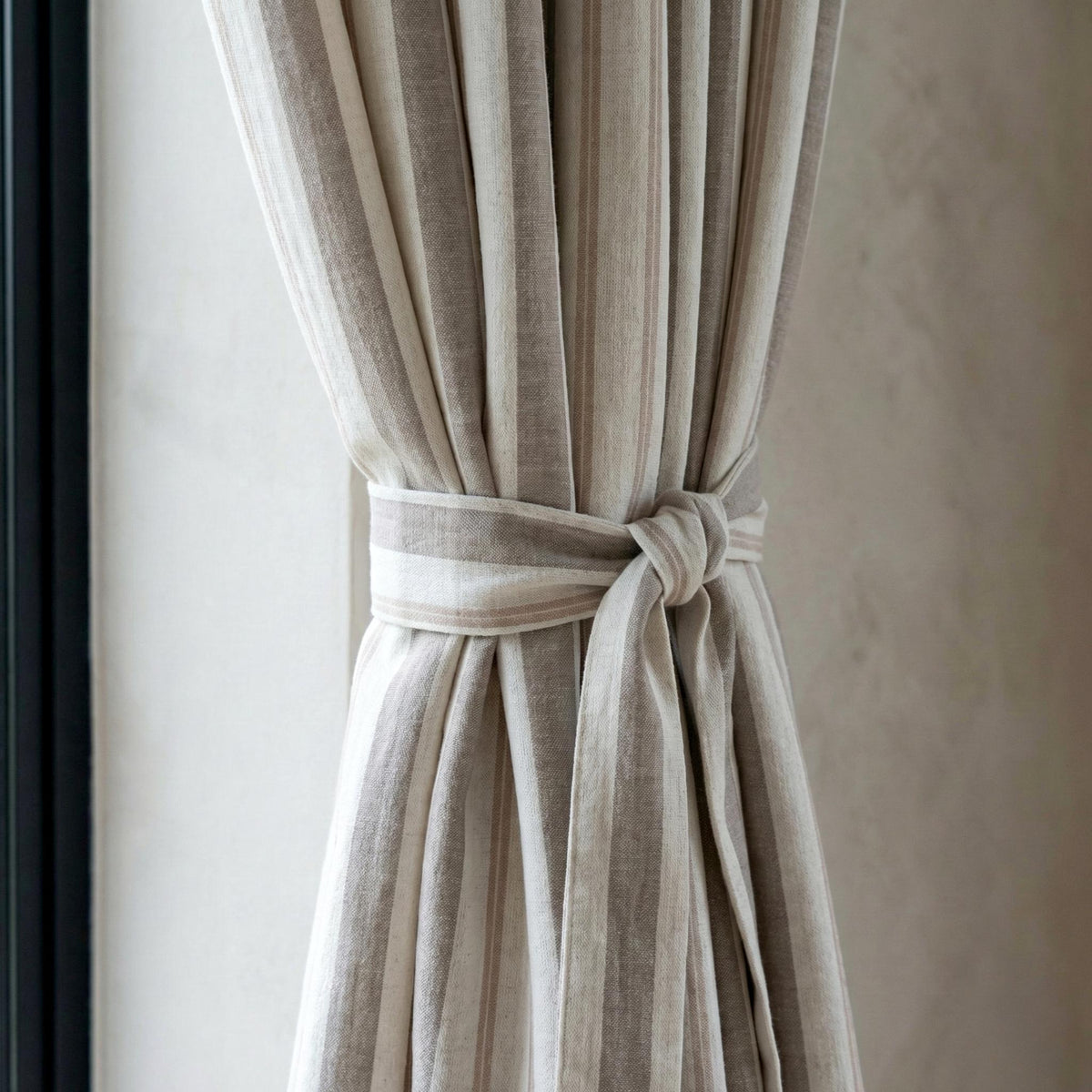 Linen Pinch Pleat Curtains, Taupe & Oatmeal Farmhouse Stripe Drapes, Custom Sizes, Blackout or Cotton Lined, Single or Pair — image 2