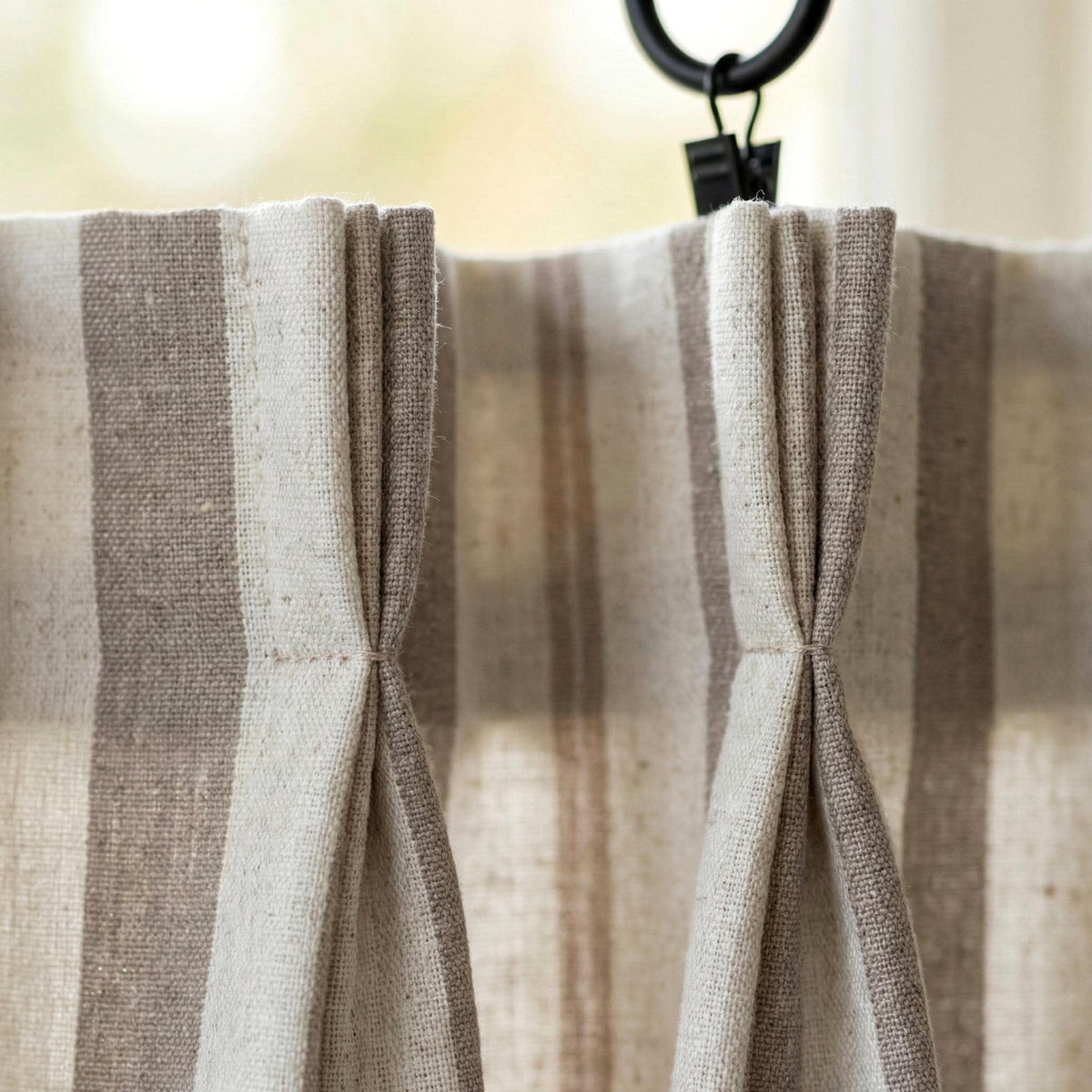 Linen Pinch Pleat Curtains, Taupe & Oatmeal Farmhouse Stripe Drapes, Custom Sizes, Blackout or Cotton Lined, Single or Pair — image 1