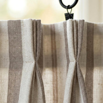 Linen Pinch Pleat Curtains, Taupe & Oatmeal Farmhouse Stripe Drapes, Custom Sizes, Blackout or Cotton Lined, Single or Pair — image 1