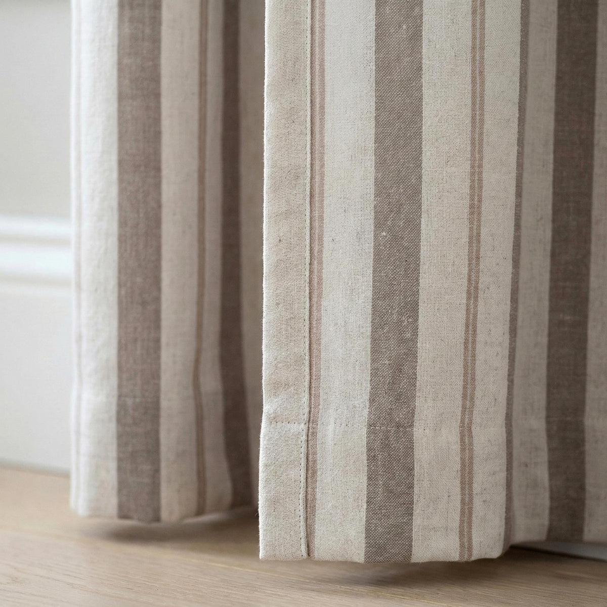 Linen Pinch Pleat Curtains, Taupe & Oatmeal Farmhouse Stripe Drapes, Custom Sizes, Blackout or Cotton Lined, Single or Pair — image 3