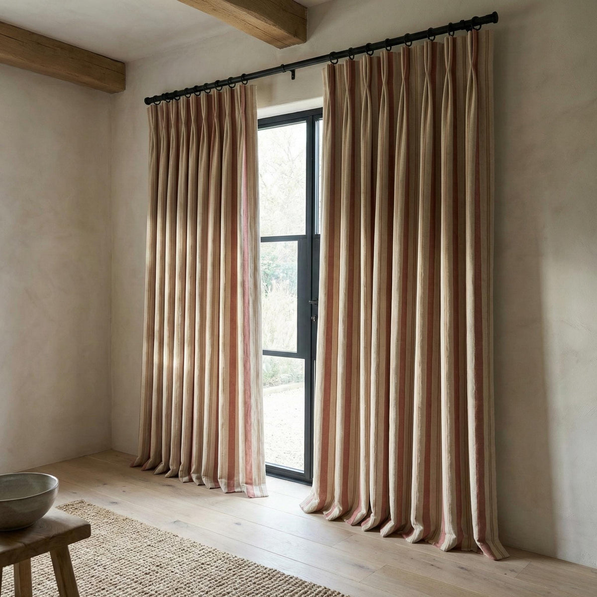 Linen Pinch Pleat Curtains, Terracotta & Oatmeal Farmhouse Stripe Drapes, Custom Sizes, Blackout or Cotton Lined, Single or Pair — image 6