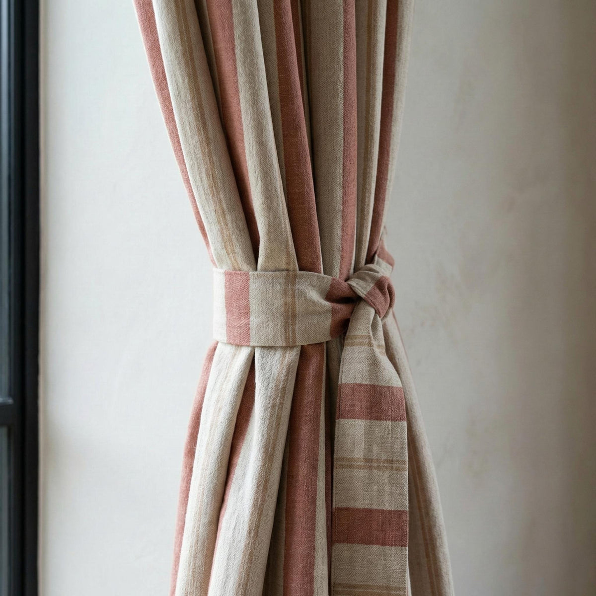 Linen Pinch Pleat Curtains, Terracotta & Oatmeal Farmhouse Stripe Drapes, Custom Sizes, Blackout or Cotton Lined, Single or Pair — image 4