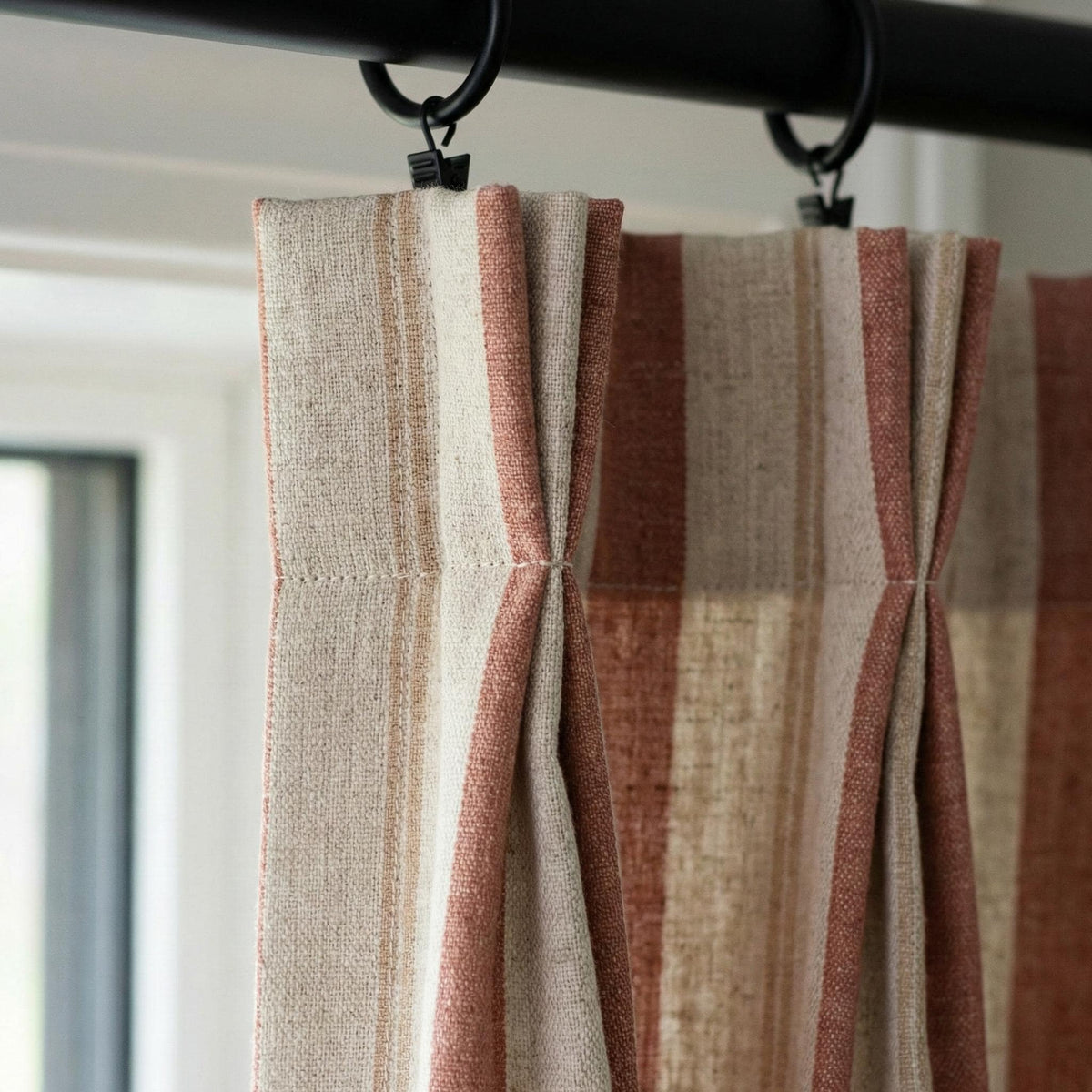 Linen Pinch Pleat Curtains, Terracotta & Oatmeal Farmhouse Stripe Drapes, Custom Sizes, Blackout or Cotton Lined, Single or Pair — image 10