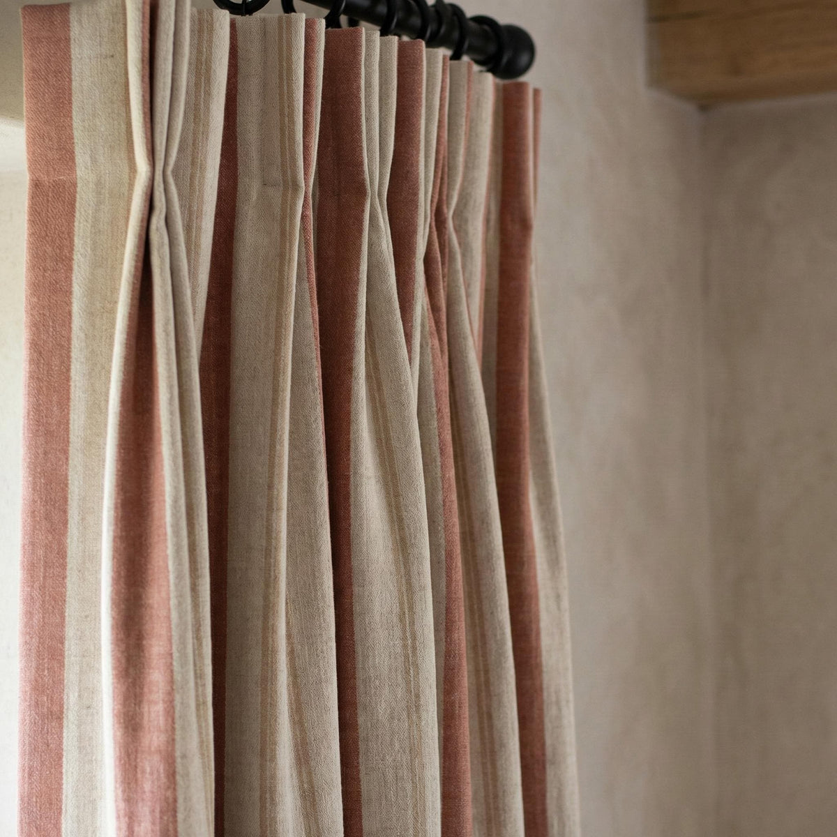 Linen Pinch Pleat Curtains, Terracotta & Oatmeal Farmhouse Stripe Drapes, Custom Sizes, Blackout or Cotton Lined, Single or Pair — image 7