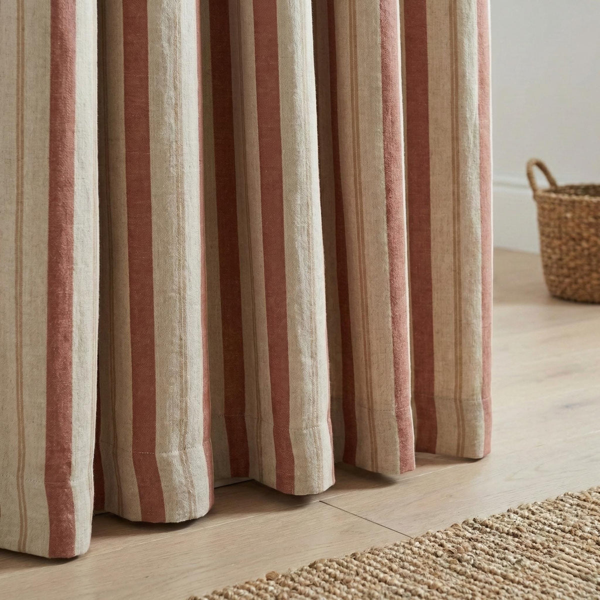 Linen Pinch Pleat Curtains, Terracotta & Oatmeal Farmhouse Stripe Drapes, Custom Sizes, Blackout or Cotton Lined, Single or Pair — image 5