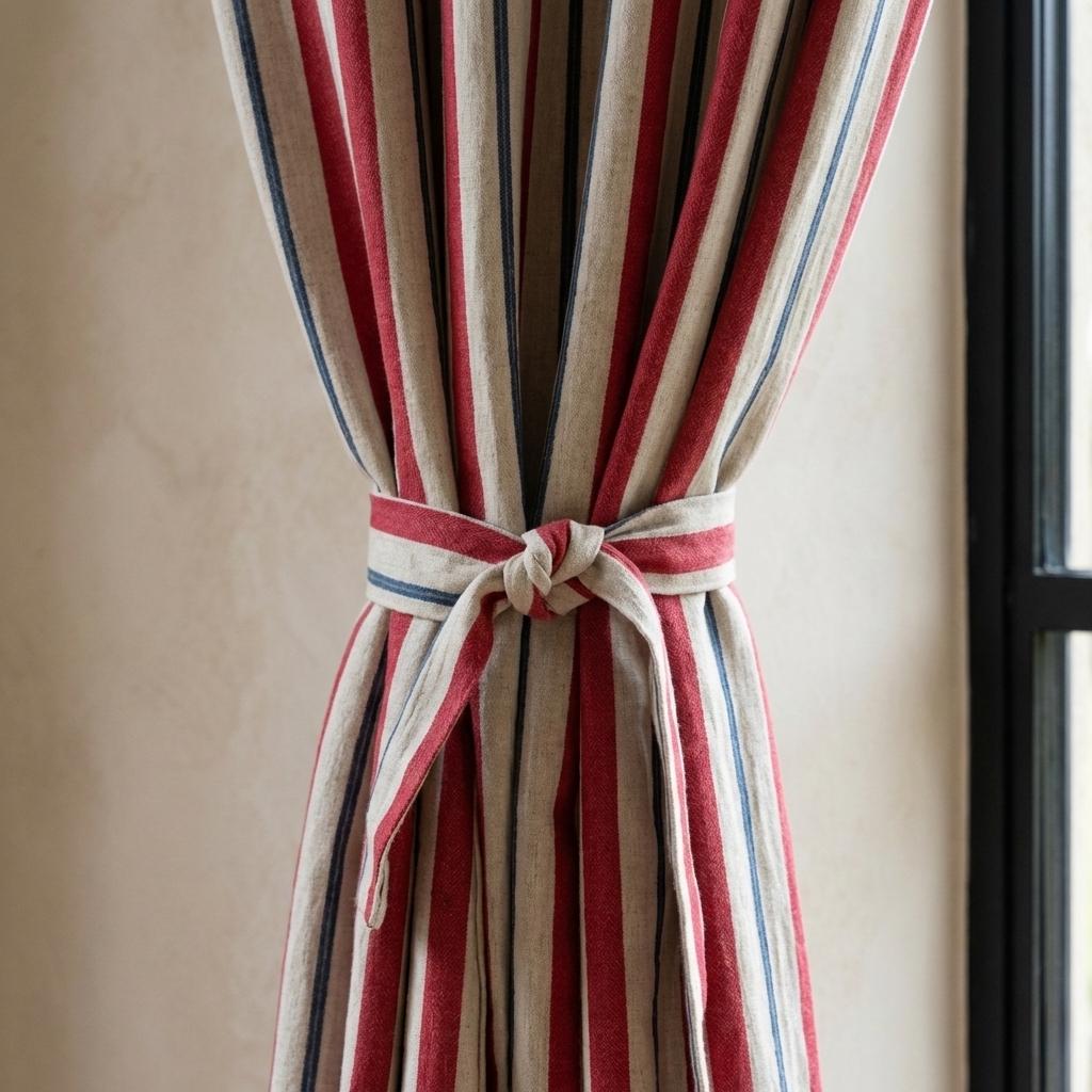 Natural Linen Red & Navy Farmhouse Stripe Pinch Pleat Curtains, Custom Drapes, Cotton Lined or 100% Blackout, Single/Pair — image 5