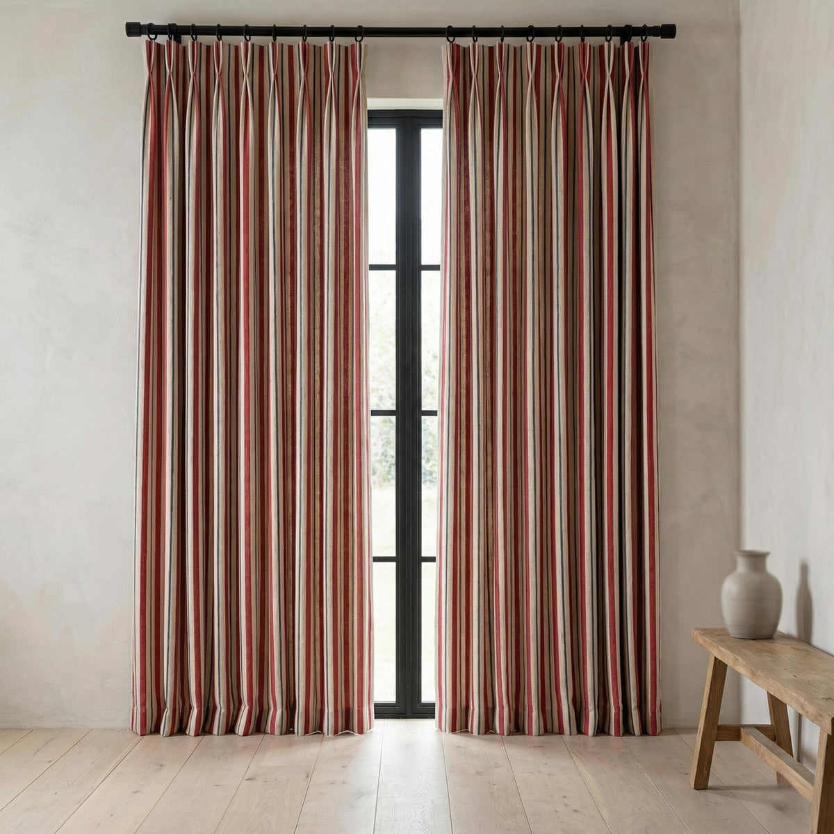 Natural Linen Red & Navy Farmhouse Stripe Pinch Pleat Curtains, Custom Drapes, Cotton Lined or 100% Blackout, Single/Pair — image 8