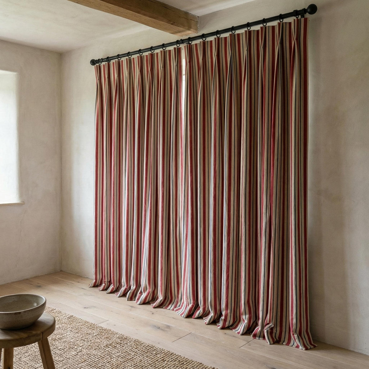 Natural Linen Red & Navy Farmhouse Stripe Pinch Pleat Curtains, Custom Drapes, Cotton Lined or 100% Blackout, Single/Pair — image 7