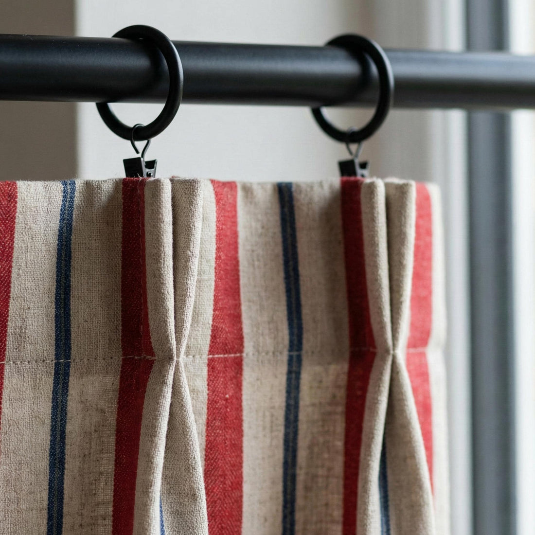 Natural Linen Red & Navy Farmhouse Stripe Pinch Pleat Curtains, Custom Drapes, Cotton Lined or 100% Blackout, Single/Pair — image 1
