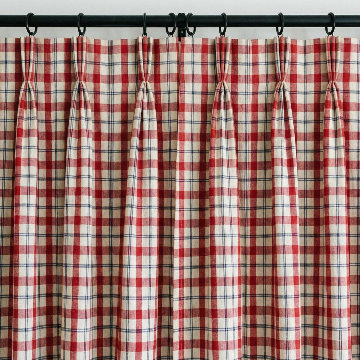 Red & Navy Plaid Linen Pinch Pleat Curtains, Farmhouse Check Drapes, Blackout or Cotton Lined, Custom Size Panel/Pair — image 7
