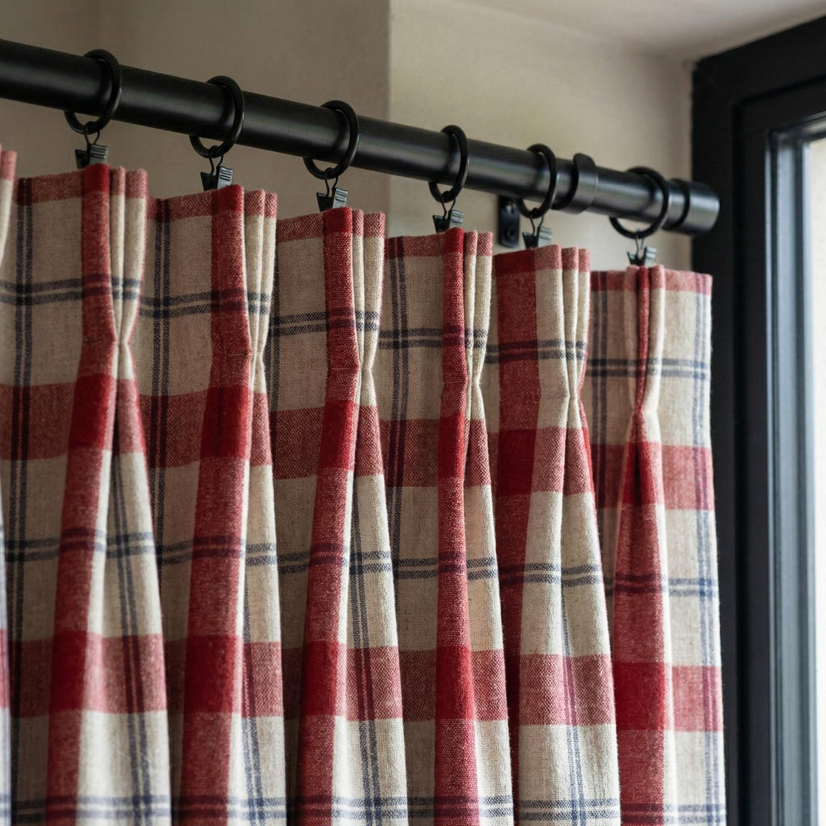 Red & Navy Plaid Linen Pinch Pleat Curtains, Farmhouse Check Drapes, Blackout or Cotton Lined, Custom Size Panel/Pair — image 1