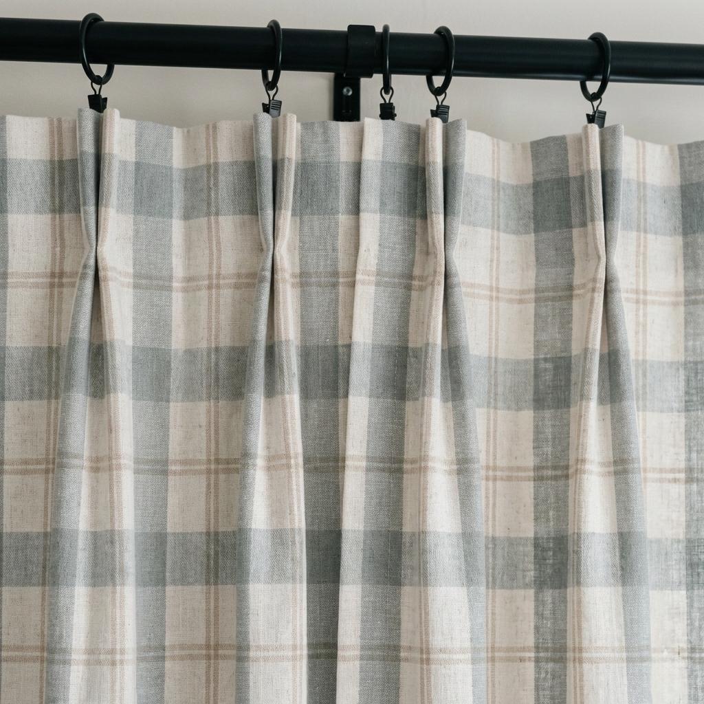 Sky Blue Buffalo Check Pinch Pleat Linen Curtains, Custom Farmhouse Drapes, Cotton Lined or Blackout, Single or Pair — image 5