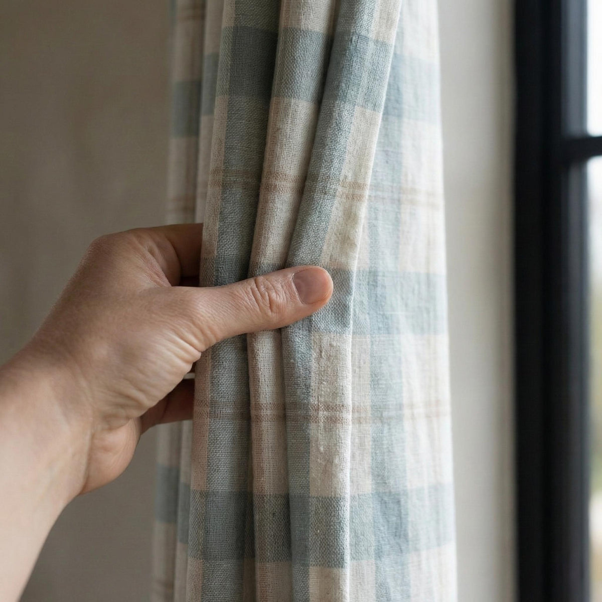 Sky Blue Buffalo Check Pinch Pleat Linen Curtains, Custom Farmhouse Drapes, Cotton Lined or Blackout, Single or Pair — image 3