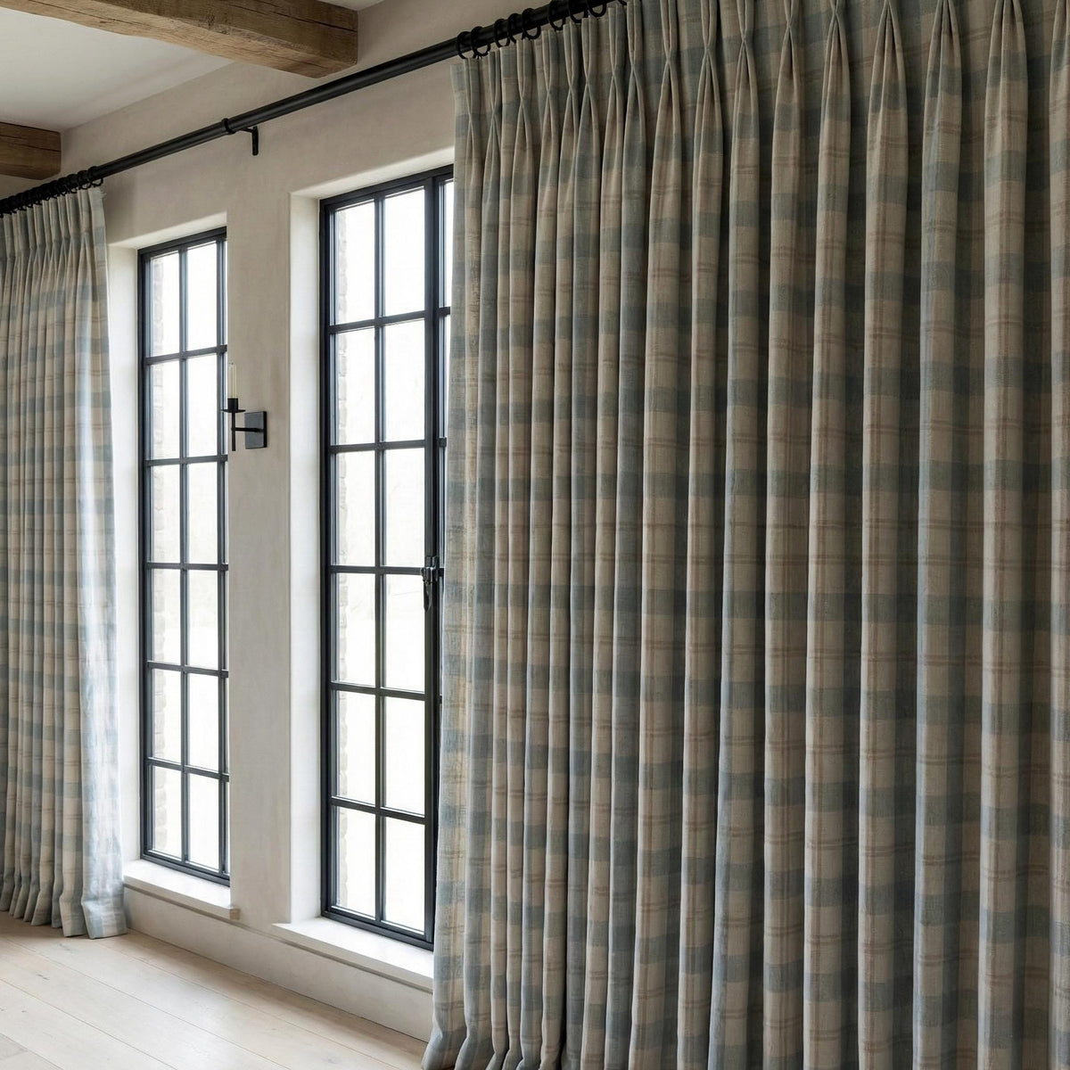 Sky Blue Buffalo Check Pinch Pleat Linen Curtains, Custom Farmhouse Drapes, Cotton Lined or Blackout, Single or Pair — image 6
