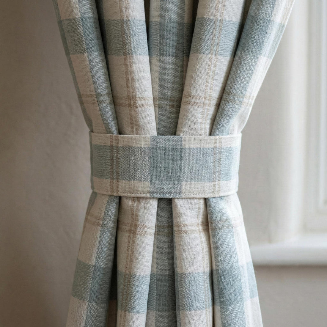 Sky Blue Buffalo Check Pinch Pleat Linen Curtains, Custom Farmhouse Drapes, Cotton Lined or Blackout, Single or Pair — image 1