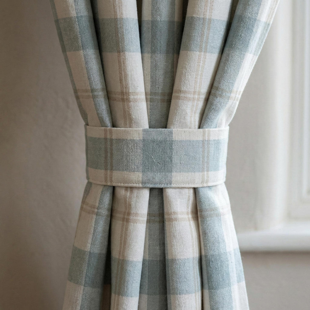 Sky Blue Buffalo Check Pinch Pleat Linen Curtains, Custom Farmhouse Drapes, Cotton Lined or Blackout, Single or Pair — image 2