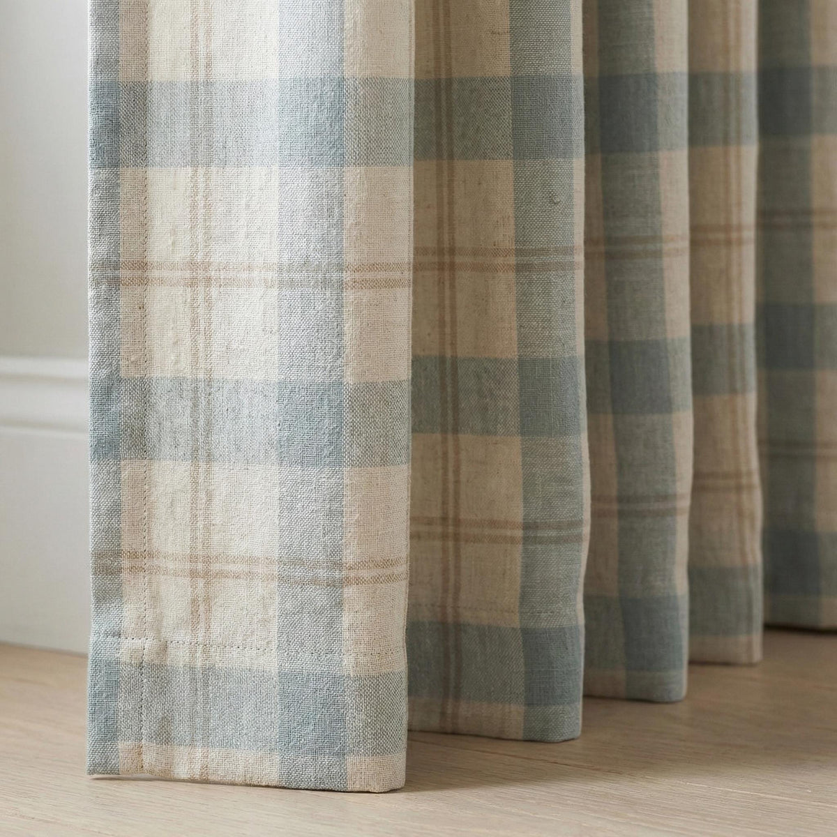 Sky Blue Buffalo Check Pinch Pleat Linen Curtains, Custom Farmhouse Drapes, Cotton Lined or Blackout, Single or Pair — image 4