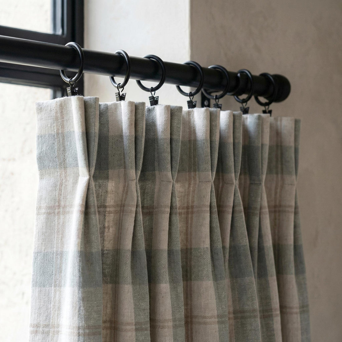 Sky Blue Buffalo Check Pinch Pleat Linen Curtains, Custom Farmhouse Drapes, Cotton Lined or Blackout, Single or Pair — image 1