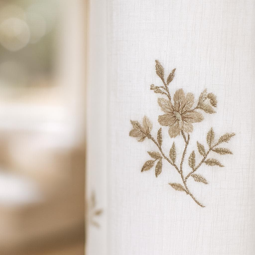 Linen Sheer Curtains: White with Taupe and Sage Floral Embroidery — image 1