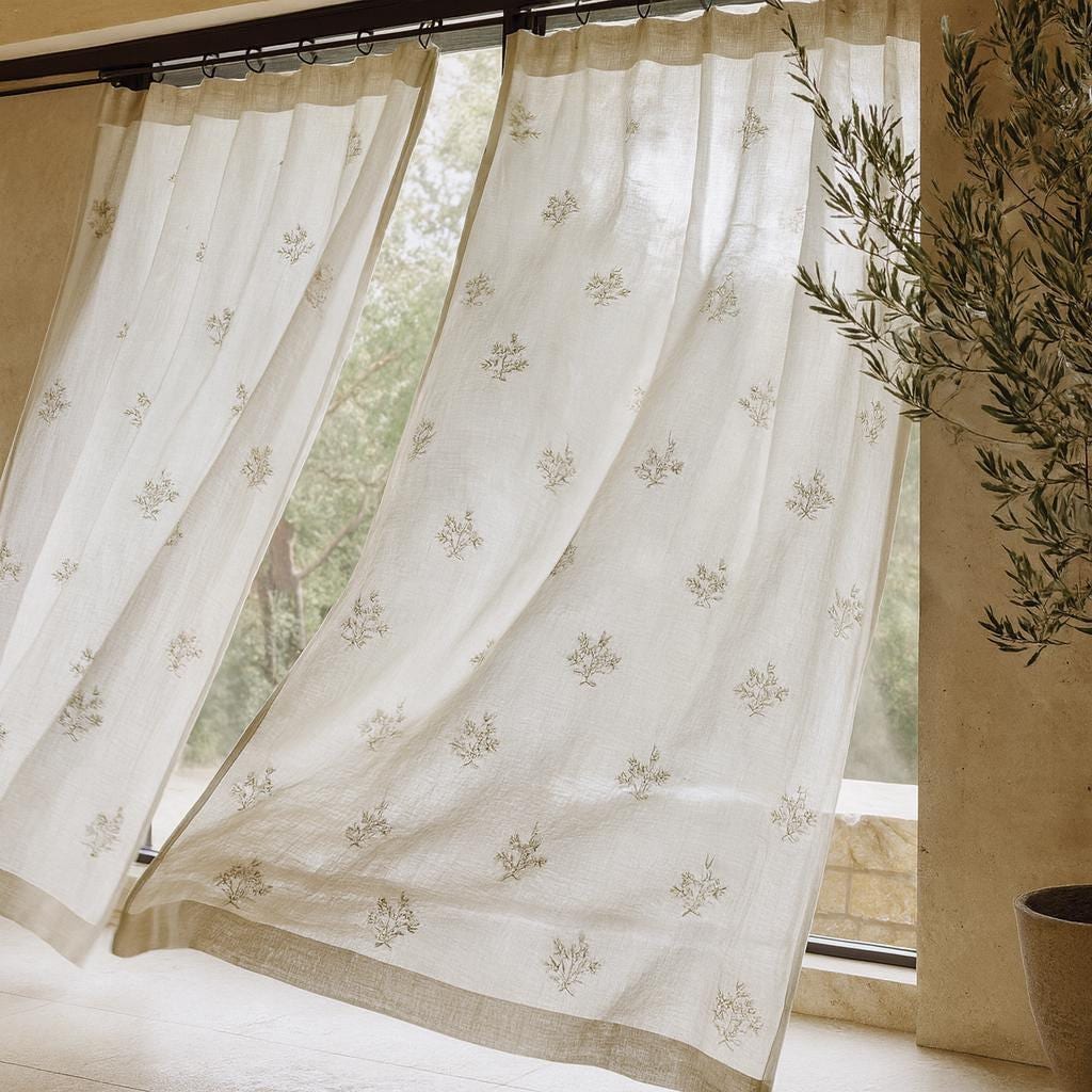 Linen Sheer Curtains: White with Taupe and Sage Floral Embroidery — image 3