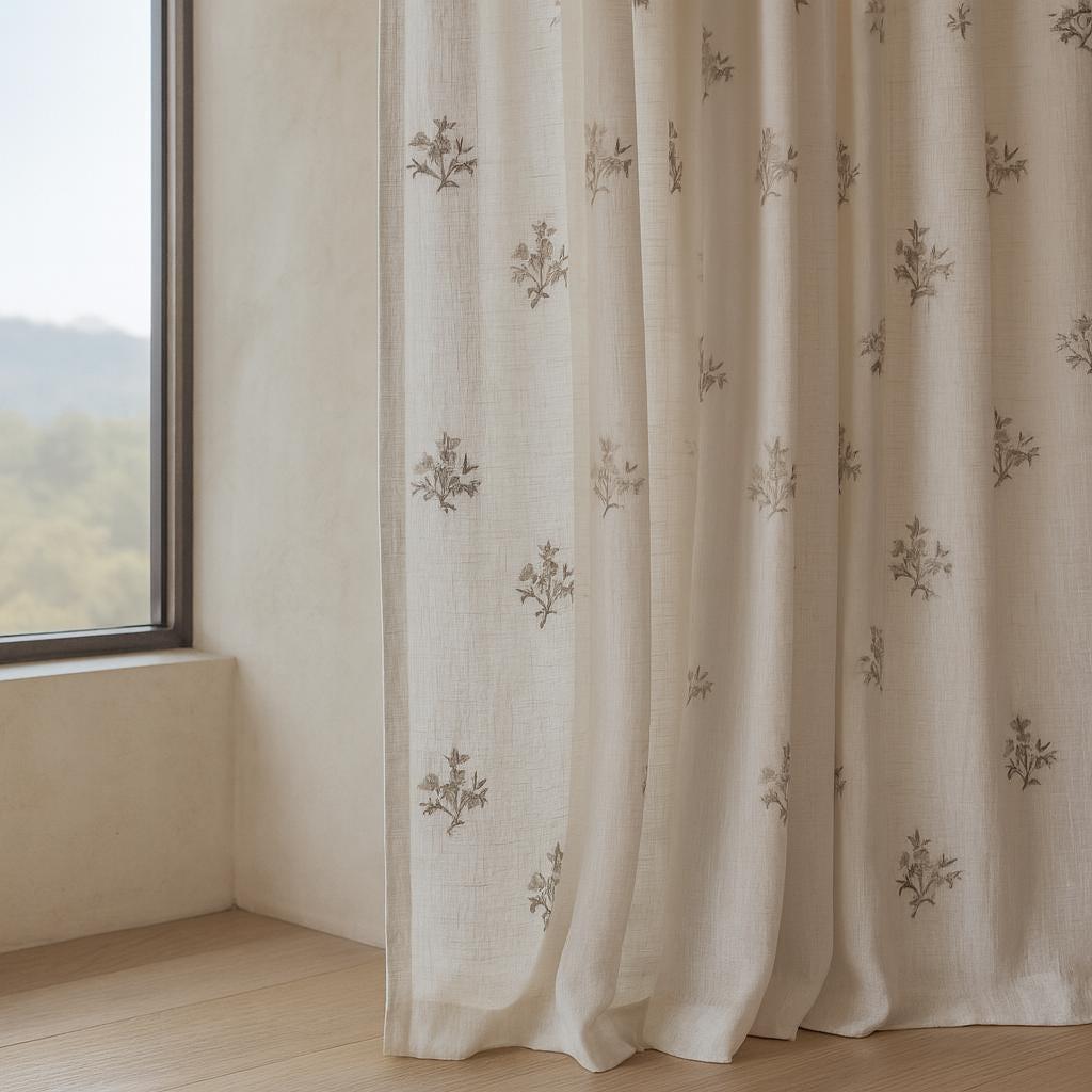 Linen Sheer Curtains: White with Taupe and Sage Floral Embroidery — image 4