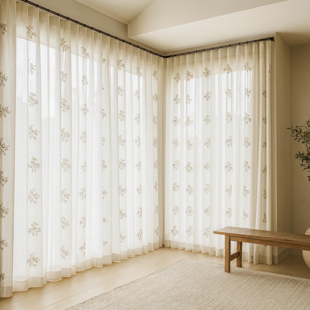 Linen Sheer Curtains: White with Taupe and Sage Floral Embroidery — image 6