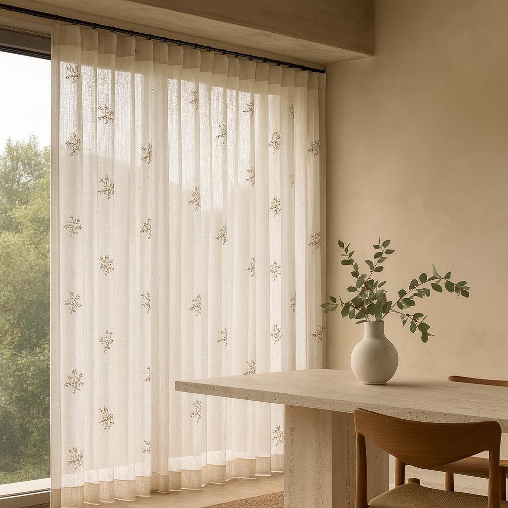 Linen Sheer Curtains: White with Taupe and Sage Floral Embroidery — image 7