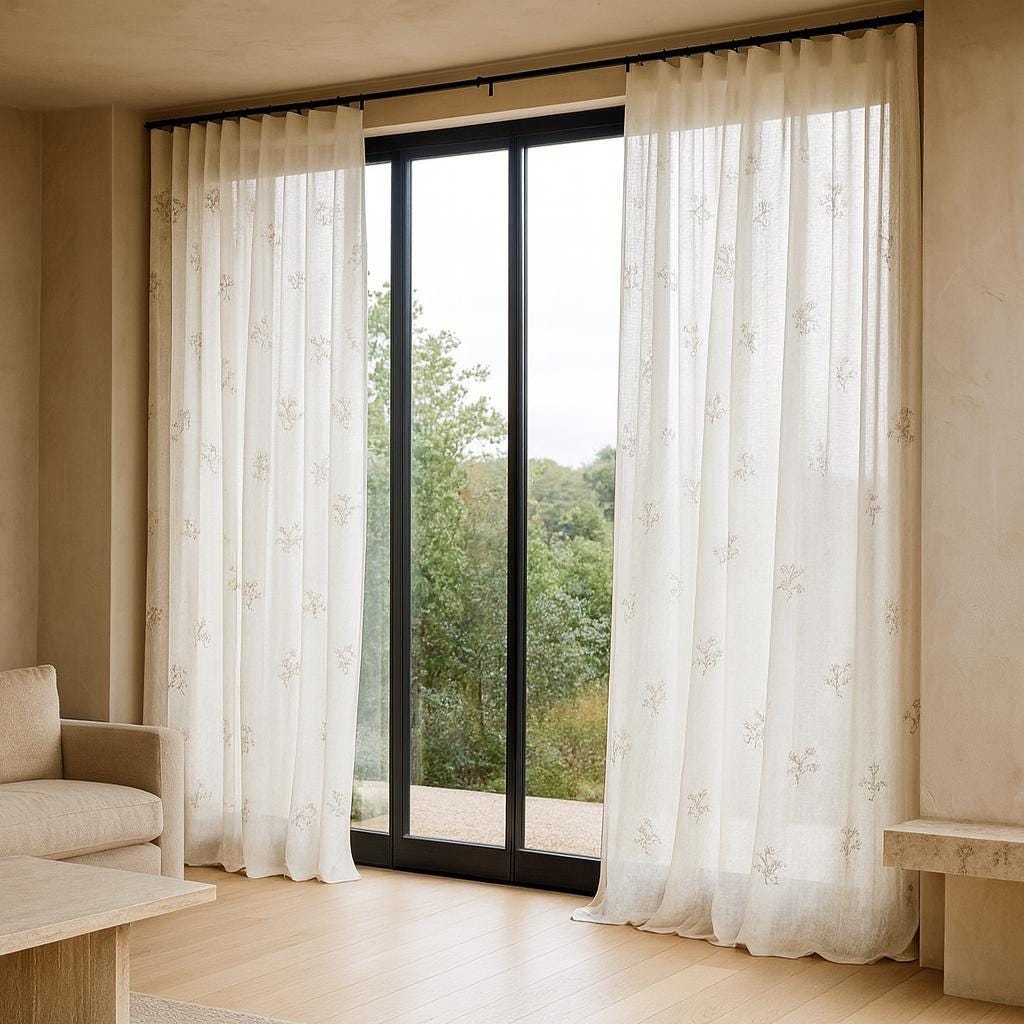 Linen Sheer Curtains: White with Taupe and Sage Floral Embroidery — image 8