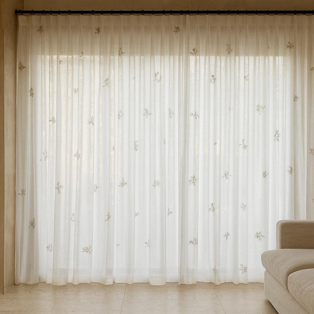 Linen Sheer Curtains: White with Taupe and Sage Floral Embroidery — image 9