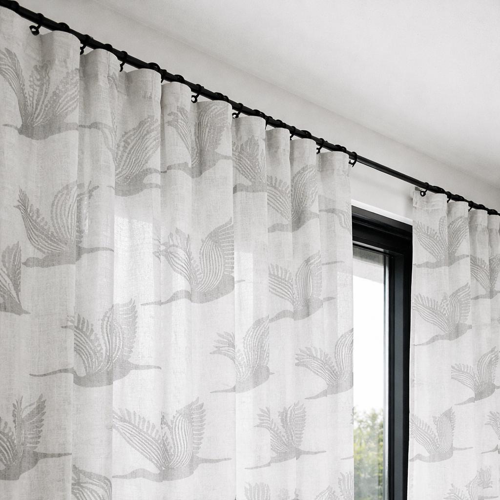 White Linen Sheer Curtains Grey Crane Bird Print | Light Filtering Window Drapes | Custom Sizes | Single or Pair — image 1
