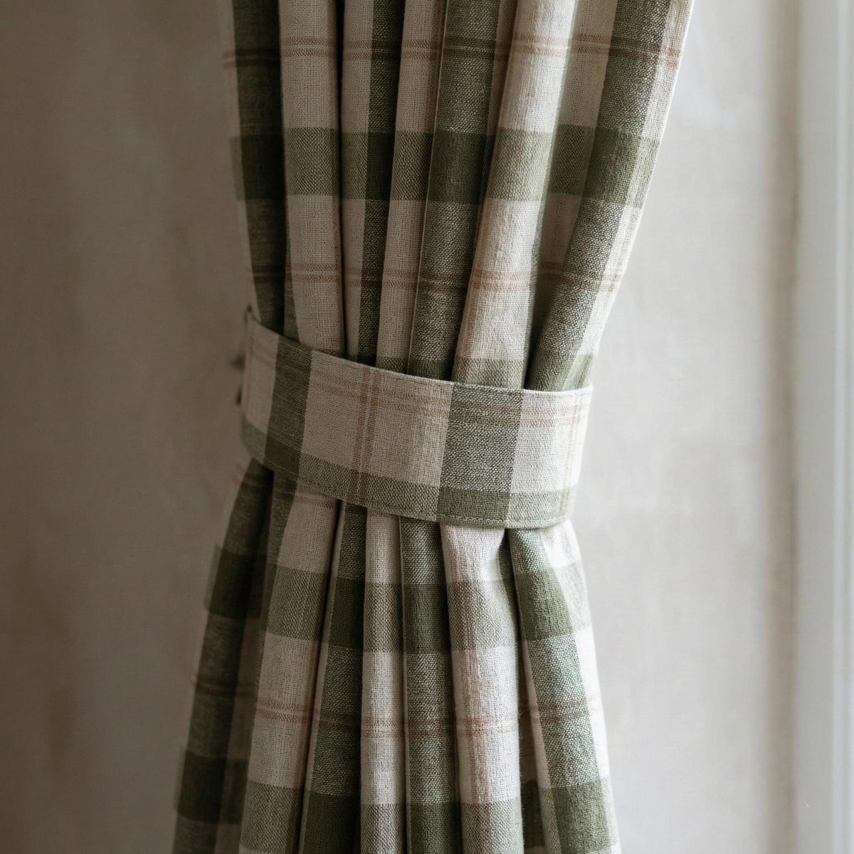 Green & Natural Linen Plaid Pinch Pleat Curtains, Custom Farmhouse Window Drapes, Lined or Blackout, Single or Pair — image 4