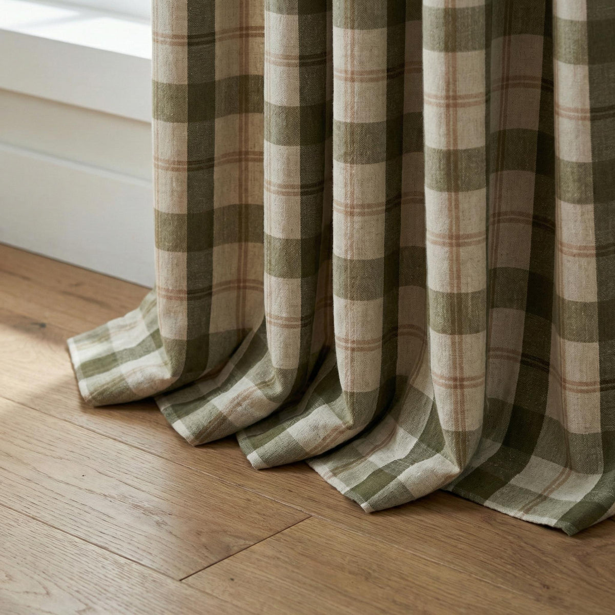 Green & Natural Linen Plaid Pinch Pleat Curtains, Custom Farmhouse Window Drapes, Lined or Blackout, Single or Pair — image 8