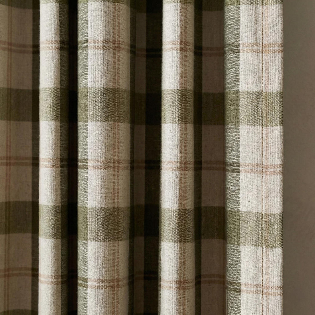 Green & Natural Linen Plaid Pinch Pleat Curtains, Custom Farmhouse Window Drapes, Lined or Blackout, Single or Pair — image 1