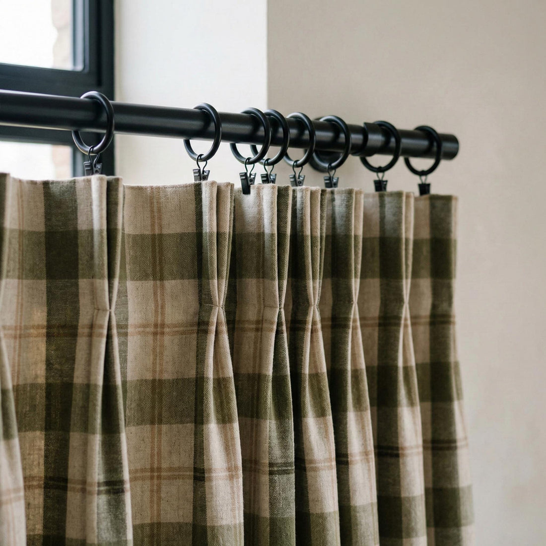 Green & Natural Linen Plaid Pinch Pleat Curtains, Custom Farmhouse Window Drapes, Lined or Blackout, Single or Pair — image 1