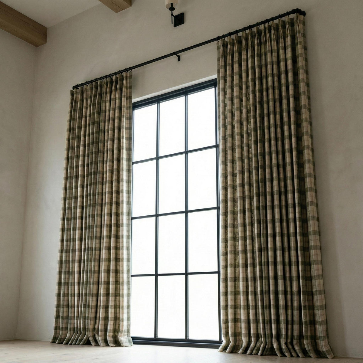 Green & Natural Linen Plaid Pinch Pleat Curtains, Custom Farmhouse Window Drapes, Lined or Blackout, Single or Pair — image 5